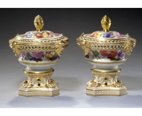 A PAIR OF DERBY POT POURRI VASES AND COVERS, C1810  the sides applied with gilt satyr masks and painted with colourful flower