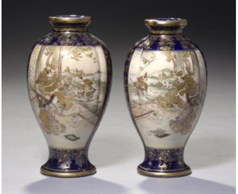 A PAIR OF SATSUMA BLUE GROUND EARTHENWARE LOBED OVIFORM VASES, MEIJI PERIOD  enamelled to either side  with samurai or natura