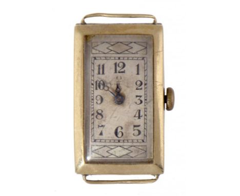 AN OMEGA 9CT GOLD RECTANGULAR LADY'S WRISTWATCH  No 7637795, with oval movement, 1.6 x 2.6, excluding wire  lugs, import mark