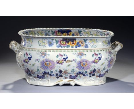 A HICKS, MEIGH & JOHNSON STONE CHINA FOOTBATH, C1822-35 printed in blue and enamelled with a bold floral Japan pattern, 25cm 