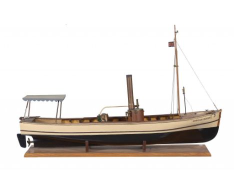 SHIP MODEL.  A STEAM PROPELLED PAINTED WOOD LAUNCH "AFRICAN QUEEN"  with foremast and canopied passenger compartment, Stuart 