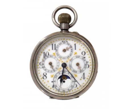 A SWISS SILVER KEYLESS LEVER WATCH, C1900  the enamel dial with lunar work and  subsidiary dials for seconds day, date and mo