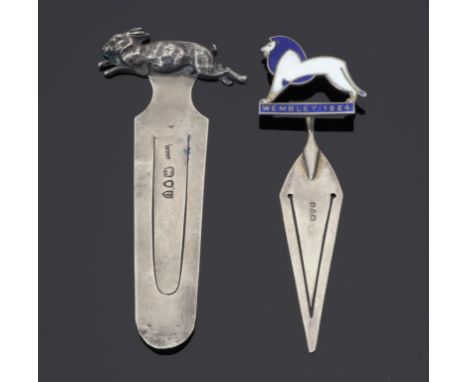 A VICTORIAN SILVER BOOKMARK with rabbit terminal, 8cm l, by S Mordan & Co, London 1895 and a commemorative silver and enamel 