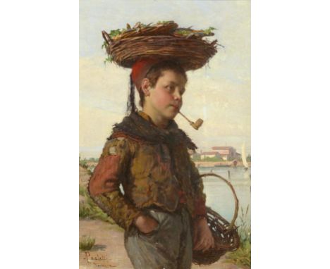 ANTONIO ERMOLAO PAOLETTI (1834-1912) THE EGG SELLER; A BOY WITH A BASKET  a pair, both signed and inscribed Venezia, oil on p