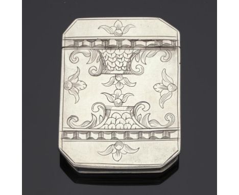 A SILVER CUT CORNERED SNUFF BOX, C1720 the moulded, engraved lid with disguised hinge and strapwork, the front edge engraved 