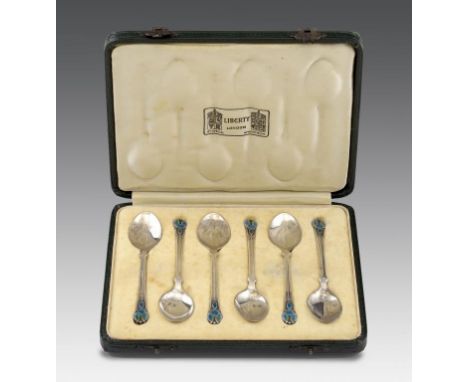 A SET OF SIX LIBERTY & CO ARTS & CRAFTS SILVER AND TRANSLUCENT ENAMEL COFFEE SPOONS mark of Liberty & Co Ltd, Birmingham 1909