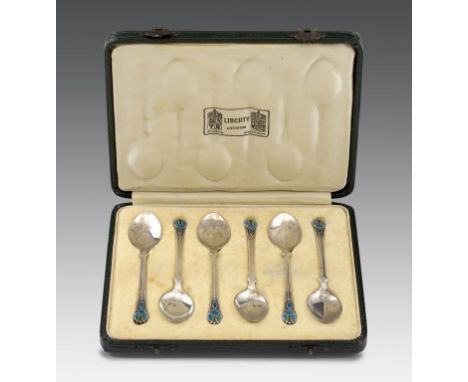 A SET OF SIX LIBERTY & CO ARTS & CRAFTS SILVER AND TRANSLUCENT ENAMEL COFFEE SPOONS mark of Liberty & Co Ltd, Birmingham 1909