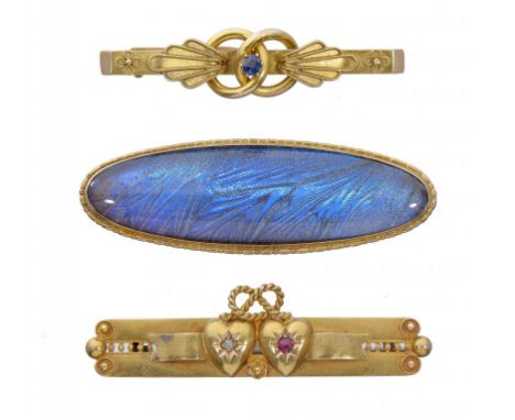 AN EDWARDIAN RUBY, DIAMOND AND 15CT GOLD LINKED HEART BAR BROOCH 4.8cm, Chester 1905, another jewelled gold bar brooch, marke