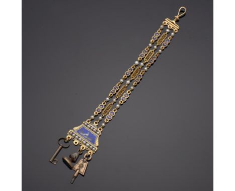 A SWISS GOLD AND ENAMEL CHATELAINE, LATE 18TH C  the three chains with pierced links and divided by pearls, the plaque painte