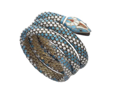 A SILVER AND CLOISONNE ENAMEL FLEXIBLE SERPENT BRACELET, EARLY 20TH C  5cm diam approx, marked STERLING 935, 48g ++No substan