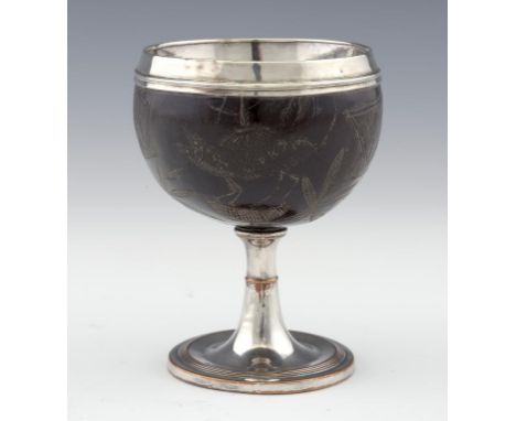 A GEORGE III COCONUT CUP WITH SILVER AND OLD SHEFFIELD PLATE MOUNTS, C1770 14cm h ++Foot dented and light wear