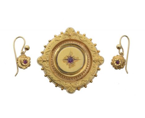 A VICTORIAN RUBY AND GOLD DEMI PARURE, C1880  of  brooch and earrings, gypsy set, the brooch with locket back, earrings with 