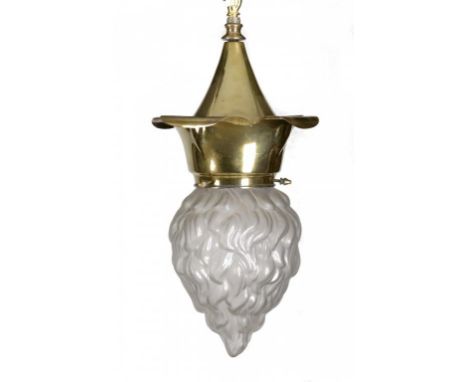AN ARTS & CRAFTS BRASS ELECTRIC HANGING LIGHT, EARLY 20TH C  embossed with heart motifs in the manner of C F A Voysey, froste