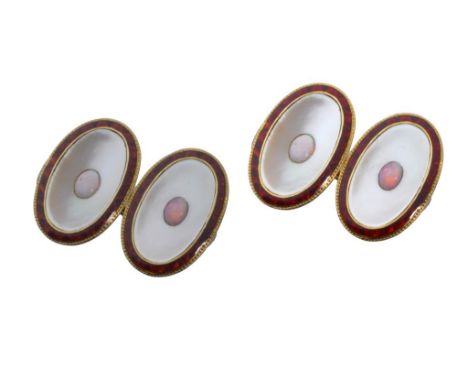 A PAIR OF OPAL, MOTHER OF PEARL AND GOLD AND CHERRY RED GUILLOCHE ENAMEL CUFF LINKS, C1930 1 x 1.6cm, unmarked, 7.9g  ++In fi