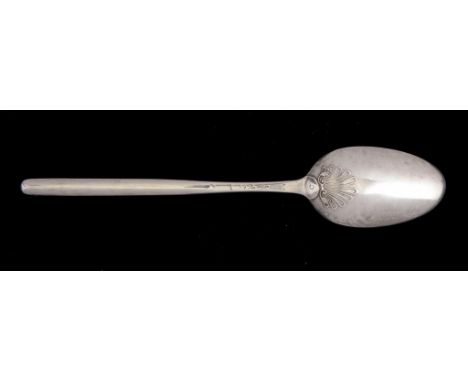 A GEORGE II SILVER SHELL BACK MARROW SPOON marks rubbed, London, c1760, 1oz 17dwts ++The marks rubbed, the sterling mark only