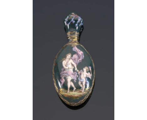 A   SILVER GILT MOUNTED ENAMEL SCENT BOTTLE, LATE 19TH C  painted in polychrome with a classical maiden and Cupid, a winged n