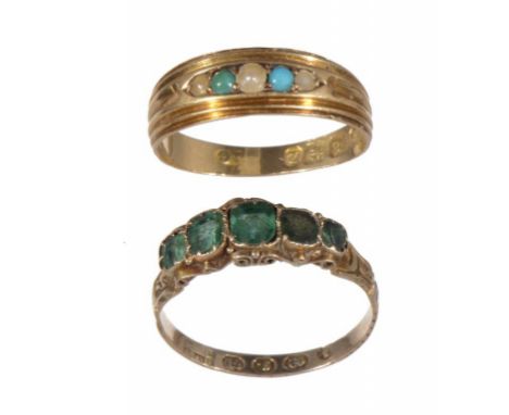 A VICTORIAN GREEN PASTE RING  in 12ct gold with chased shoulders, maker's mark indistinct, Birmingham 1868 and a Victorian sp