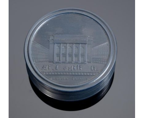 A FRENCH BOIS DURCI TORTOISESHELL LINED SNUFF BOX AND COVER, C1840  the cover impressed with the THEATRE ITALIEN  and marked 