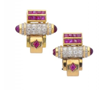 A PAIR OF MID CENTURY    RUBY AND DIAMOND SET TWO COLOUR  GOLD EARRINGS  apparently unmarked, 2cm, 13g (for a watch en suite 