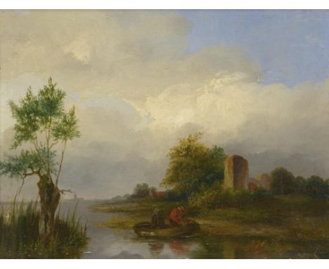 ATTRIBUTED TO HENRY BURDON RICHARDSON (1826-1874) RIVER LANDSCAPE WITH REED CUTTERS  signed with monogram and dated 1845, oil
