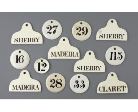 SIX SPODE WHITE EARTHENWARE CELLAR BIN LABELS, EARLY/MID 19TH C painted in black CLARET, MADEIRA  or SHERRY, 13cm w and circa