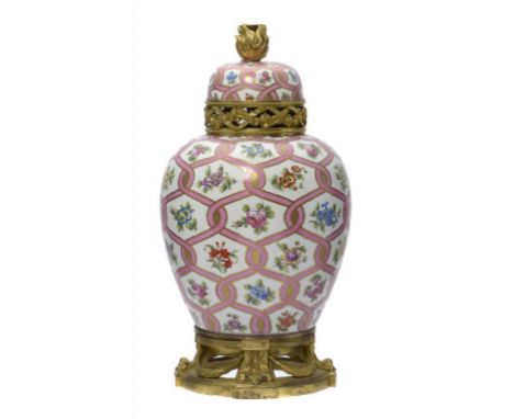 A FRENCH ORMOLU MOUNTED SÈVRES STYLE PORCELAIN LAMP, FIRST HALF 20TH C with Louis XVI style mounts and flambeau finial, the j