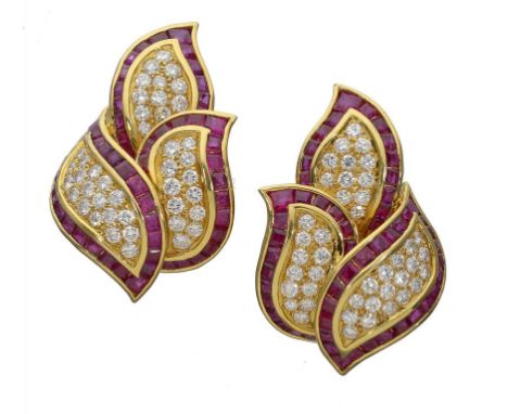 A PAIR OF DIAMOND AND CALIBRE CUT RUBY SET 18CT GOLD TRIPLE LEAF EARRINGS  clip fittings, 3.5cm, import marked, Birmingham 19