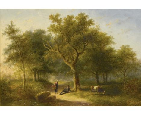 JAN EVERT MOREL (1769-1808)  A DROVER AND WOMAN CONVERSING ON A WOODED LANE signed, oil on panel, 20.5 x 29cm ++In fine condi