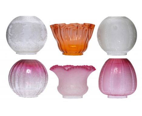 SIX VICTORIAN CLEAR, CRANBERRY AND OTHER GLASS OIL LAMP SHADES , C1900 one of bright pink shaded glass with frilled rim, the 