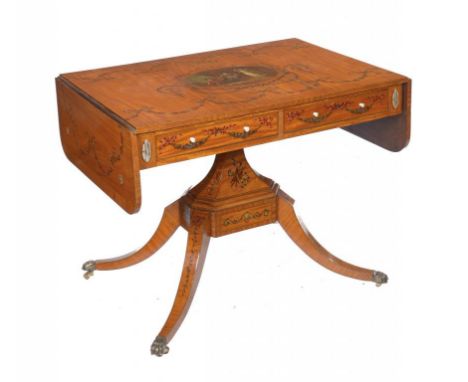 A VICTORIAN PAINTED AND LINE INLAID SATINWOOD SOFA TABLE  the top with an oval scene of three young women in the style of Ang