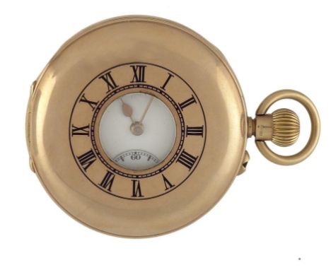 A 9CT GOLD KEYLESS LEVER HALF HUNTING CASED WATCH, THE NEW "LUDGATE",  J W BENSON LTD  with enamel dial and three quarter pla