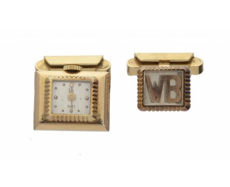 A PAIR OF FRENCH GOLD CUFFLINKS, ONE INCORPORATING A WATCH THE OTHER THE INITIALS WB, MID 20TH C 1.4 x 1.8cm, signed UTI Pari