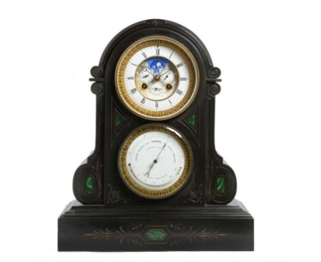 A FRENCH SLATE AND MALACHITE INLAID MANTEL CLOCK, C1870 the enamel dial painted with the heavens and clouds, having lunar wor