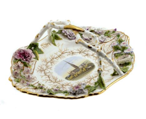 A FINE ROCKINGHAM FLORAL ENCRUSTED CARD TRAY, C1830-42  of elongated octagonal shape, finely painted with a named view of Sal