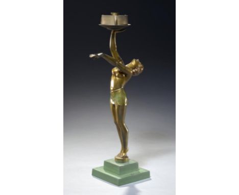 AN ART DECO PATINATED SPELTER FIGURAL LAMP, C1930  of a semi naked young woman poised on tiptoe, stepped green base, 50cm h +