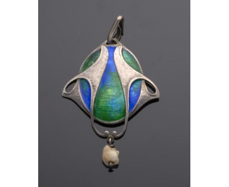 A GERMAN JUGENDSTIL SILVER AND TRANSLUCENT ENAMEL OPENWORK PENDANT RETAILED BY MURRLE, BENNETT & CO, C1905  with baroque pear