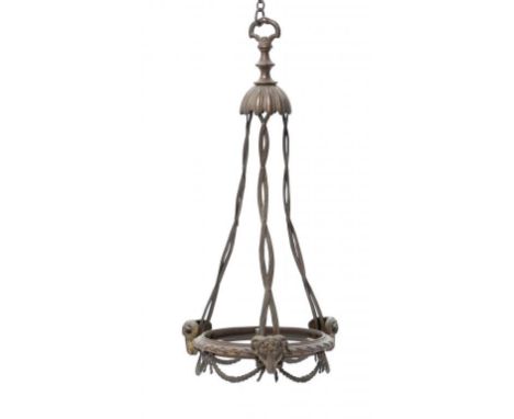 A GILT BRASS EARLY ELECTRIC HANGING LIGHT IN NEO CLASSICAL STYLE, EARLY 20TH C  with three rams' heads and swags suspended fr