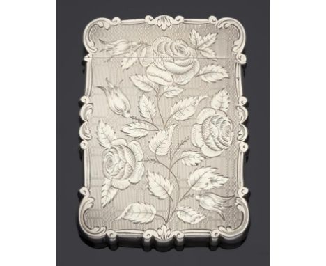 A VICTORIAN SILVER CARD CASE finely engraved with roses on an engine turned ground, 10cm h, by Nathaniel Mills, Birmingham 18