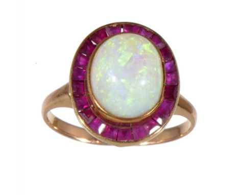 AN OPAL AND RUBY CLUSTER RING in gold, 3.8g, size L½  ++Satisfactory second hand condition and attractive