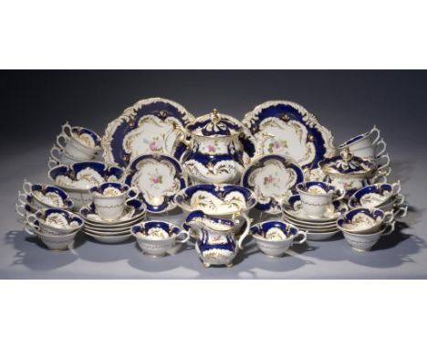 A ROCKINGHAM COBALT GROUND TEA AND COFFEE SERVICE  of Three spur handle shape, painted with panels of flowers, teapot, cover 