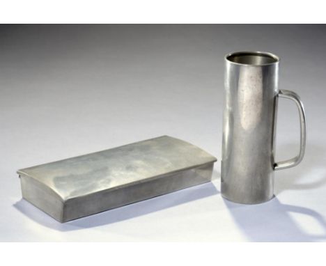 A PEWTER CIGARETTE BOX AND MUG DESIGNED BY GERALD BENNEY FOR VINERS LTD, C1960  the box cedar lined, 20cm w, stamped marks an
