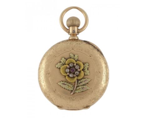 AN AMERICAN JEWELLED THREE COLOUR GOLD HUNTING CASED KEYLESS LEVER WATCH, ELGIN & CO, C1885   No 2168729, with enamel dial, t