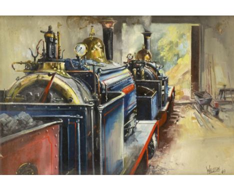 †DAVID WESTON (1935-2011) NARROW GAUGE SADDLE-TANK STEAM LOCOMOTIVES IN AN ENGINE SHED  signed and dated '69, oil on canvas, 