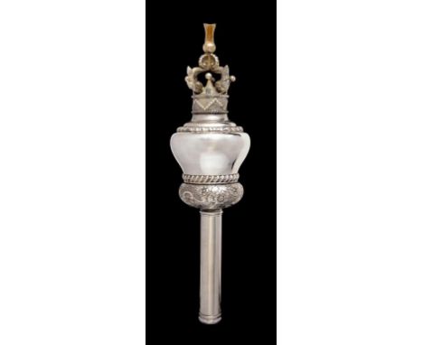 A PAIR OF VICTORIAN PARCEL GILT ELECTROPLATED CEREMONIAL MACES  the ogee head with crown and dolphin terminal, detachable tur