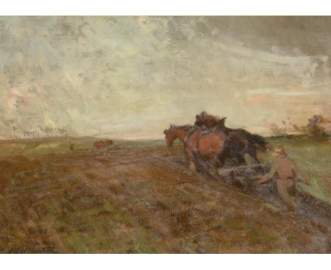 †ATTRIBUTED TO DAVID THOMAS ROBERTSON (1879-1952) THE PLOUGHMAN with signature, oil on canvas, 36 x 49cm ++Three patch repair