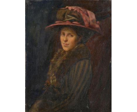 ZSOFIA STROBL (1866-1941) PORTRAIT OF A LADY IN A RED HAT oil on canvas, laid on board, 59 x 45cm  ++Somewhat loose in the fr