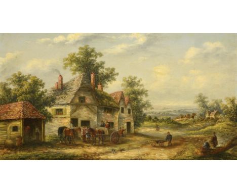 ATTRIBUTED TO EDWARD MASTERS  (FL 1869-1875) FIGURES AND THEIR ANIMALS BY A THATCHED BARN; A RURAL SCENE  a pair, oil on canv