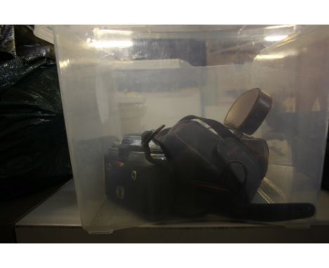 Box including Canon camera, Ross binoculars etc