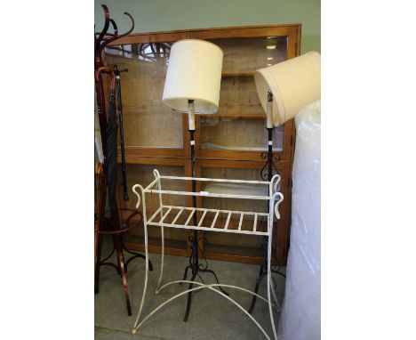 2 wrought iron standard lamps and a wrought iron planter