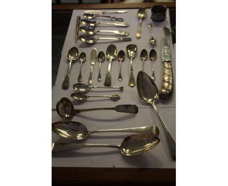 Early Victorian silver fiddle pattern sauce ladle, Glasgow 1843, engraved, and a quantity of Georgian and later silver flatwa